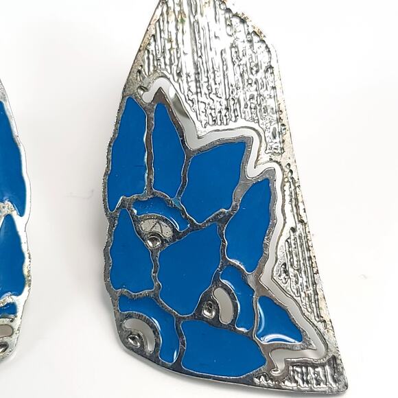 Vintage Blue Enamel Silver Geometric Earrings Bold 80s Statement Jewelry - Picture 5 of 10